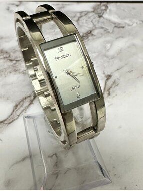 Armitron Watch Women Silver Tone Rectangle Case Bangle Band New Battery 7 Inch